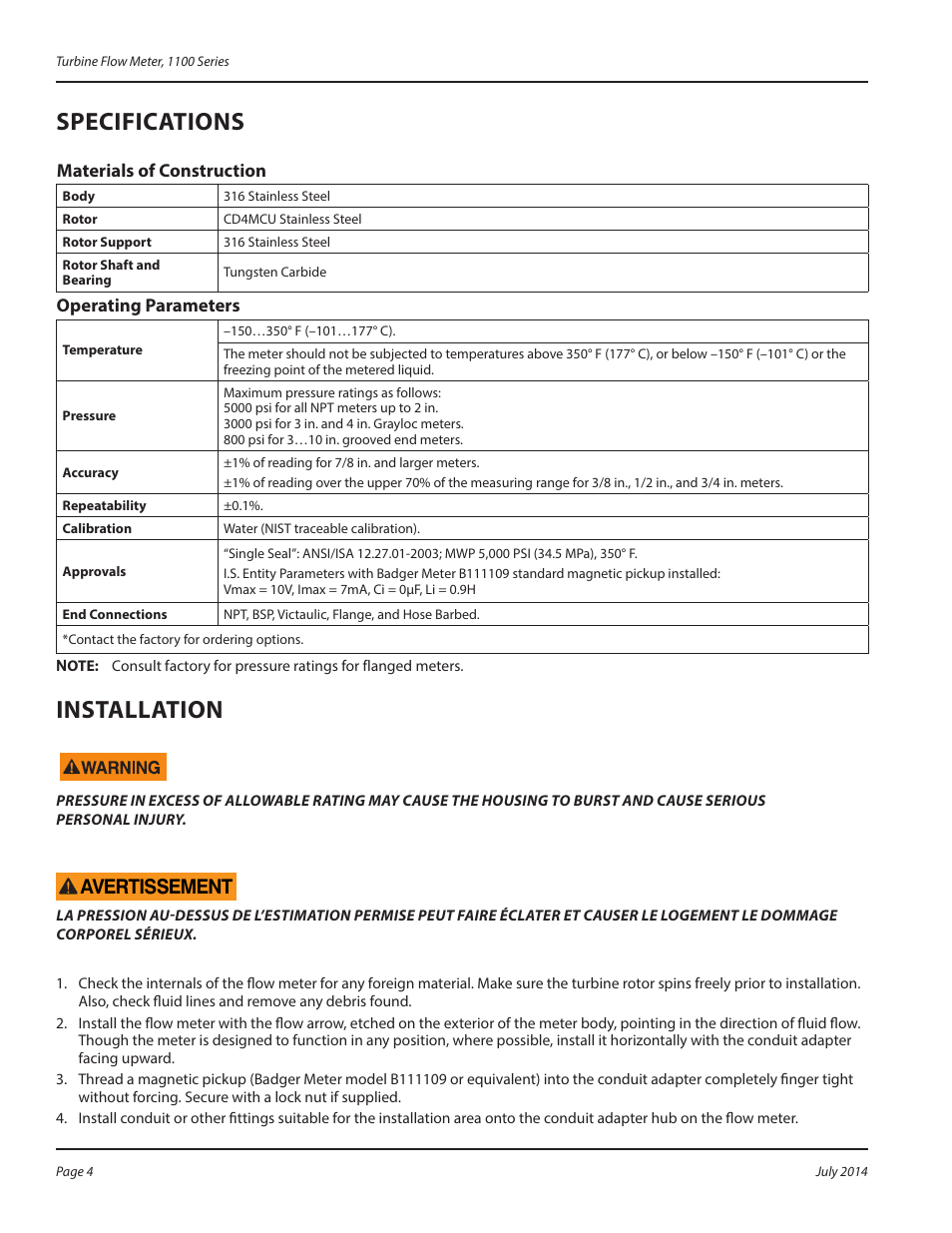 Specifications, Materials of construction, Operating parameters | Installation, Materials of construction operating parameters, Avertissement | Badger Meter 1100 User Manual | Page 4 / 12