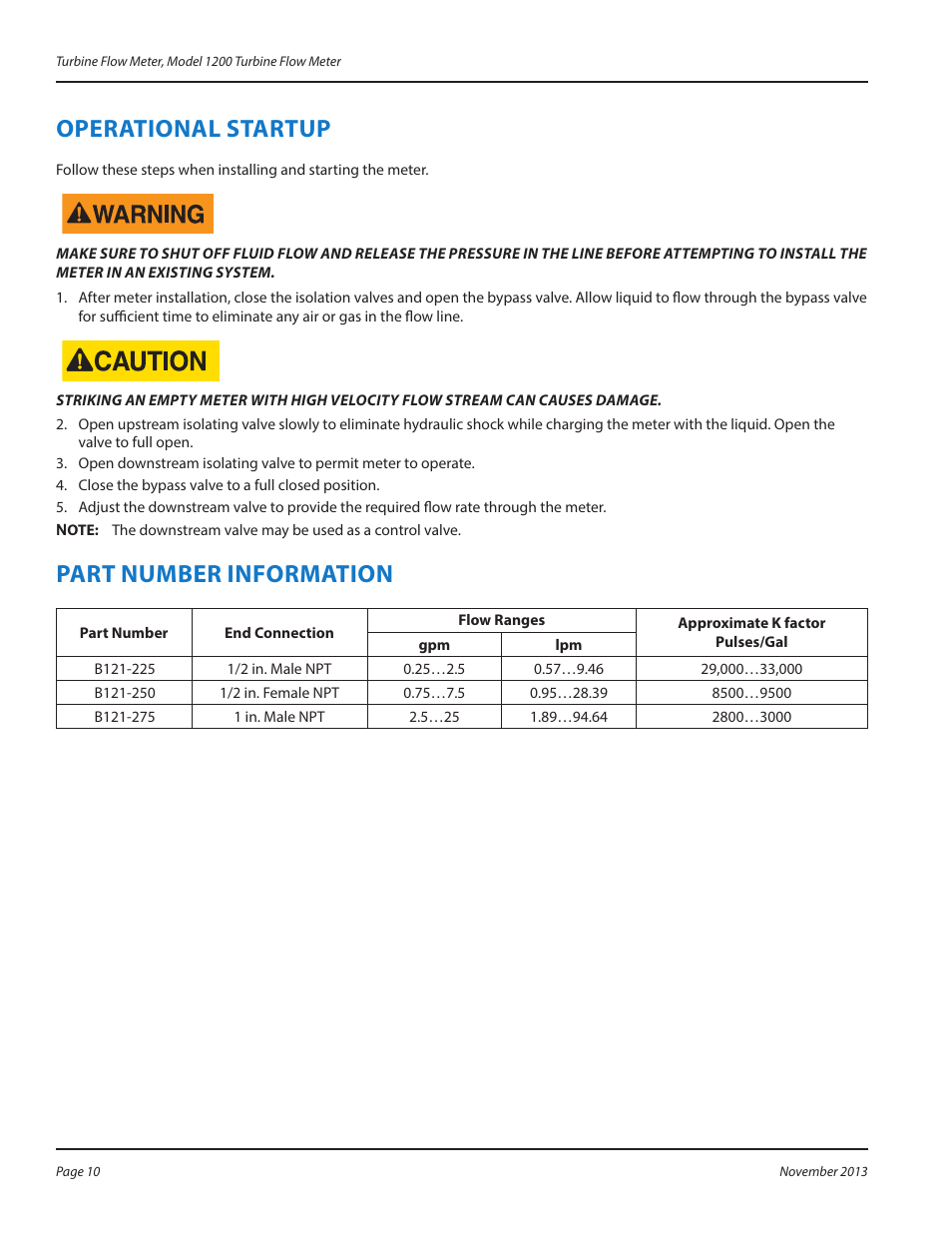 Operational startup, Part number information, Operational startup 10 | Part number information 10 | Badger Meter 1200 User Manual | Page 10 / 12