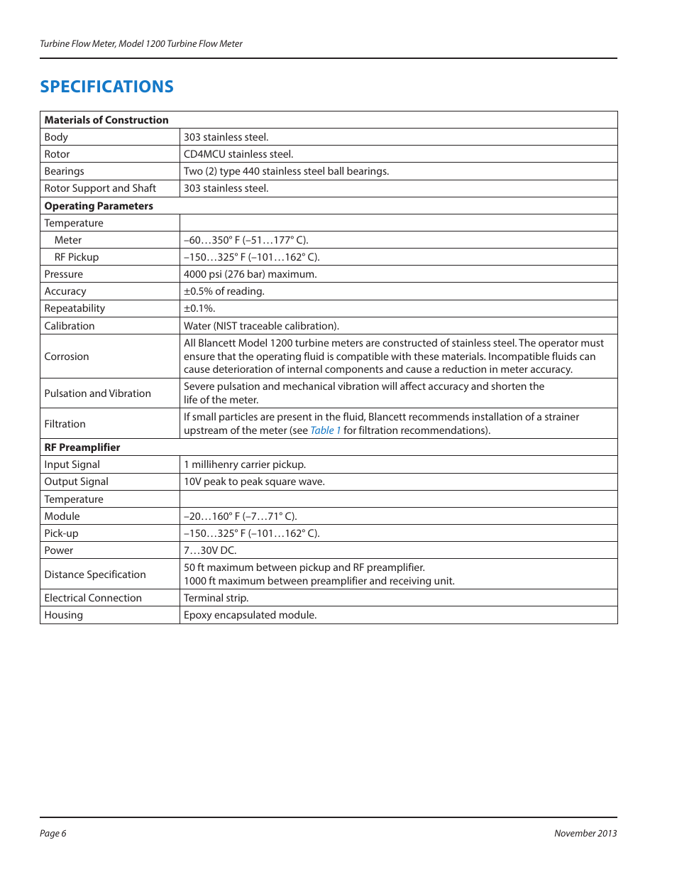 Specifications, Specifications 6 | Badger Meter 1200 User Manual | Page 6 / 12