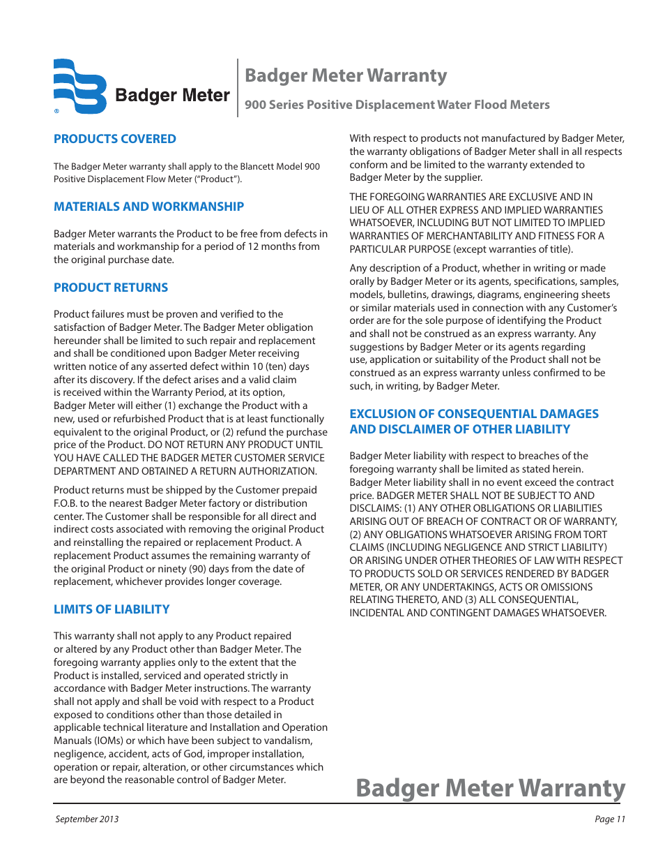 Badger meter warranty | Badger Meter 900 User Manual | Page 11 / 12
