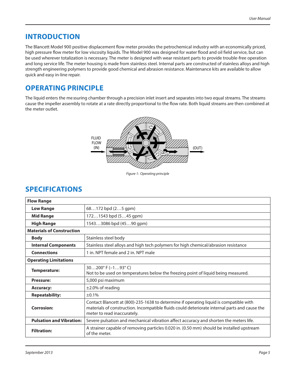 Introduction, Operating principle, Specifications | Introduction 5, Operating principle 5, Specifications 5 | Badger Meter 900 User Manual | Page 5 / 12