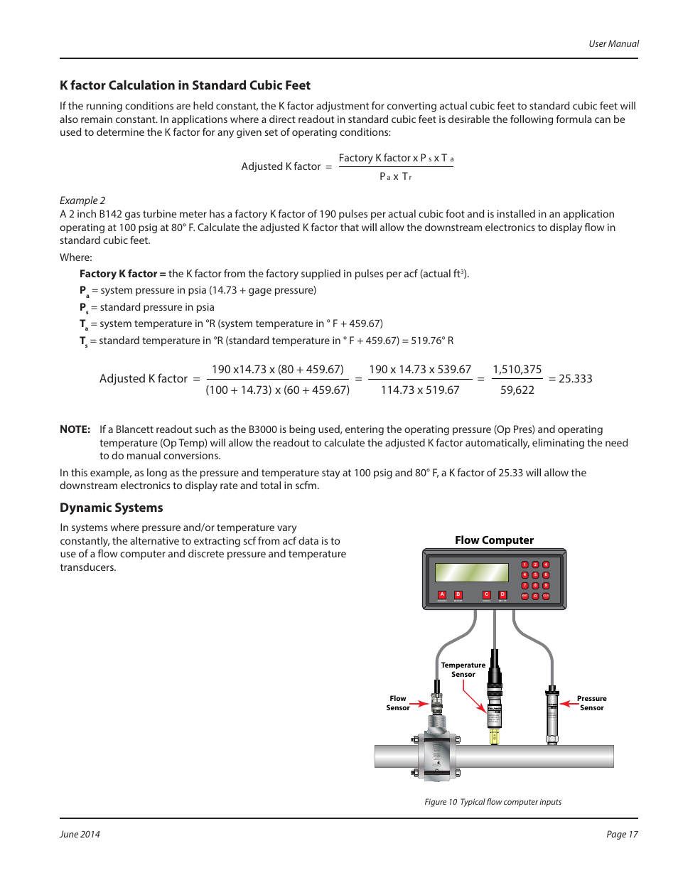 K factor calculation in standard cubic feet, Dynamic systems, Flow computer | System pressure in psia (14 .73 + gage pressure) p, Standard pressure in psia t | Badger Meter QuikSert User Manual | Page 17 / 24