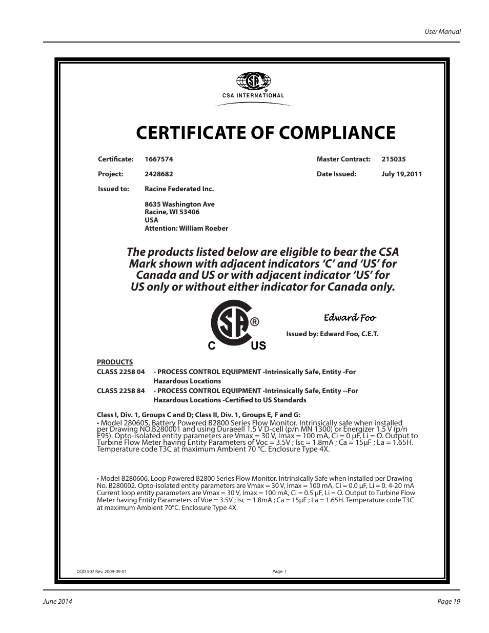 Certificate of compliance, C us | Badger Meter QuikSert User Manual | Page 19 / 24