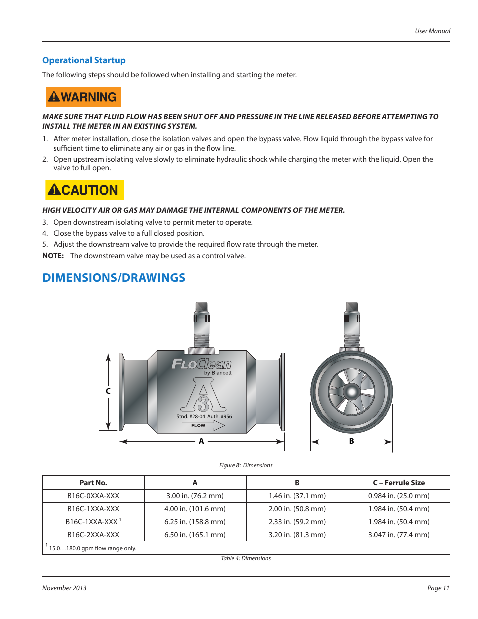 Operational startup, Dimensions/drawings, Operational startup 11 | Dimensions/drawings 11 | Badger Meter 3-A Sanitary User Manual | Page 11 / 20