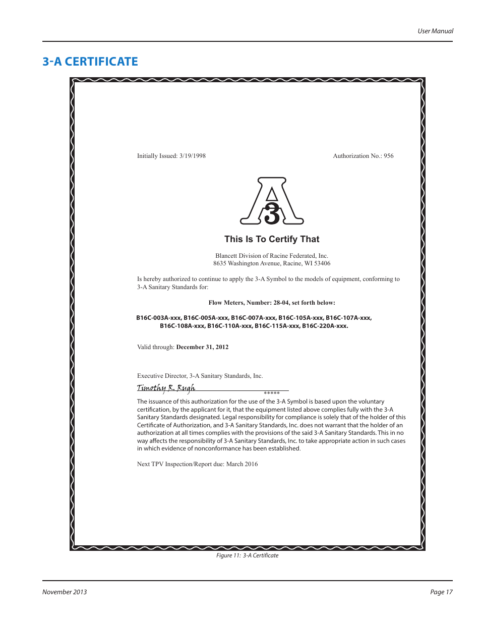 A certificate, A certificate 17, This is to certify that | Badger Meter 3-A Sanitary User Manual | Page 17 / 20