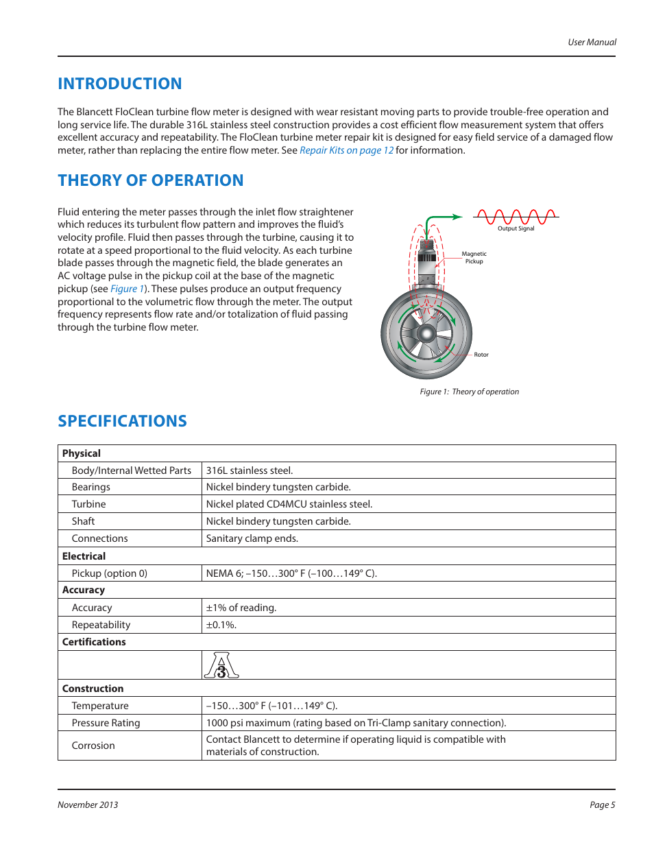 Introduction, Theory of operation, Specifications | Introduction 5, Theory of operation 5, Specifications 5 | Badger Meter 3-A Sanitary User Manual | Page 5 / 20