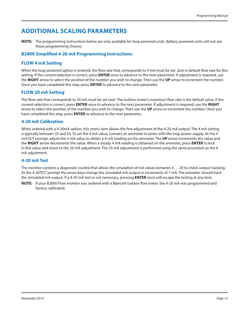 Additional scaling parameters, B2800 simplified 4-20 ma programming instructions, Additional scaling parameters 13 | Badger Meter B2800 User Manual | Page 13 / 16