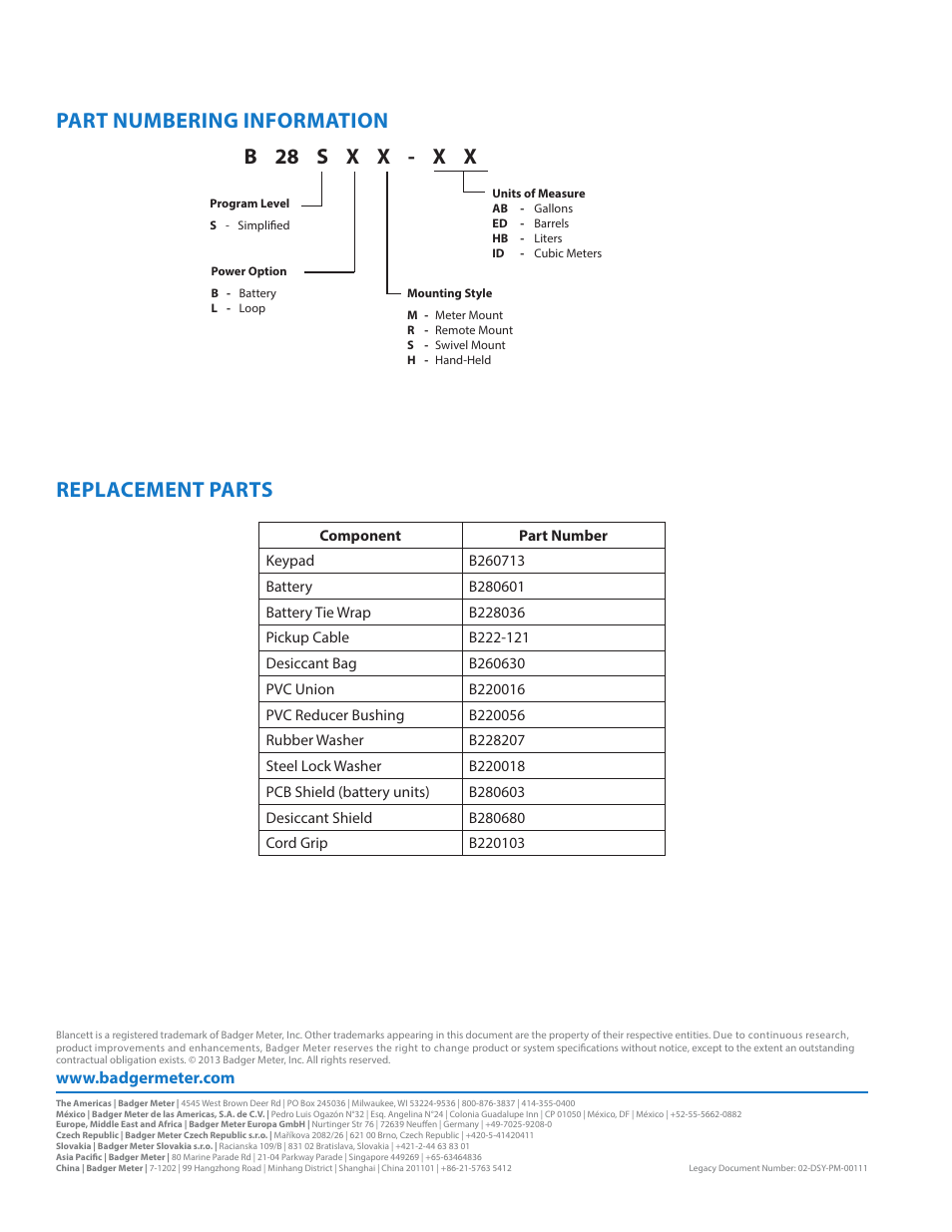 Part numbering information, Replacement parts, Part numbering information 16 | Replacement parts 16, Part numbering information replacement parts, B 28 s x x - x x | Badger Meter B2800 User Manual | Page 16 / 16