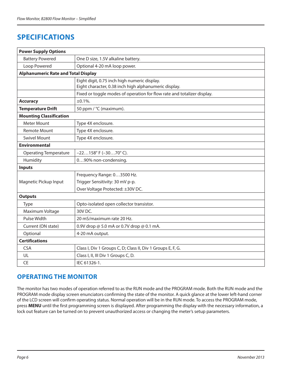 Specifications, Operating the monitor, Specifications 6 | Operating the monitor 6 | Badger Meter B2800 User Manual | Page 6 / 16