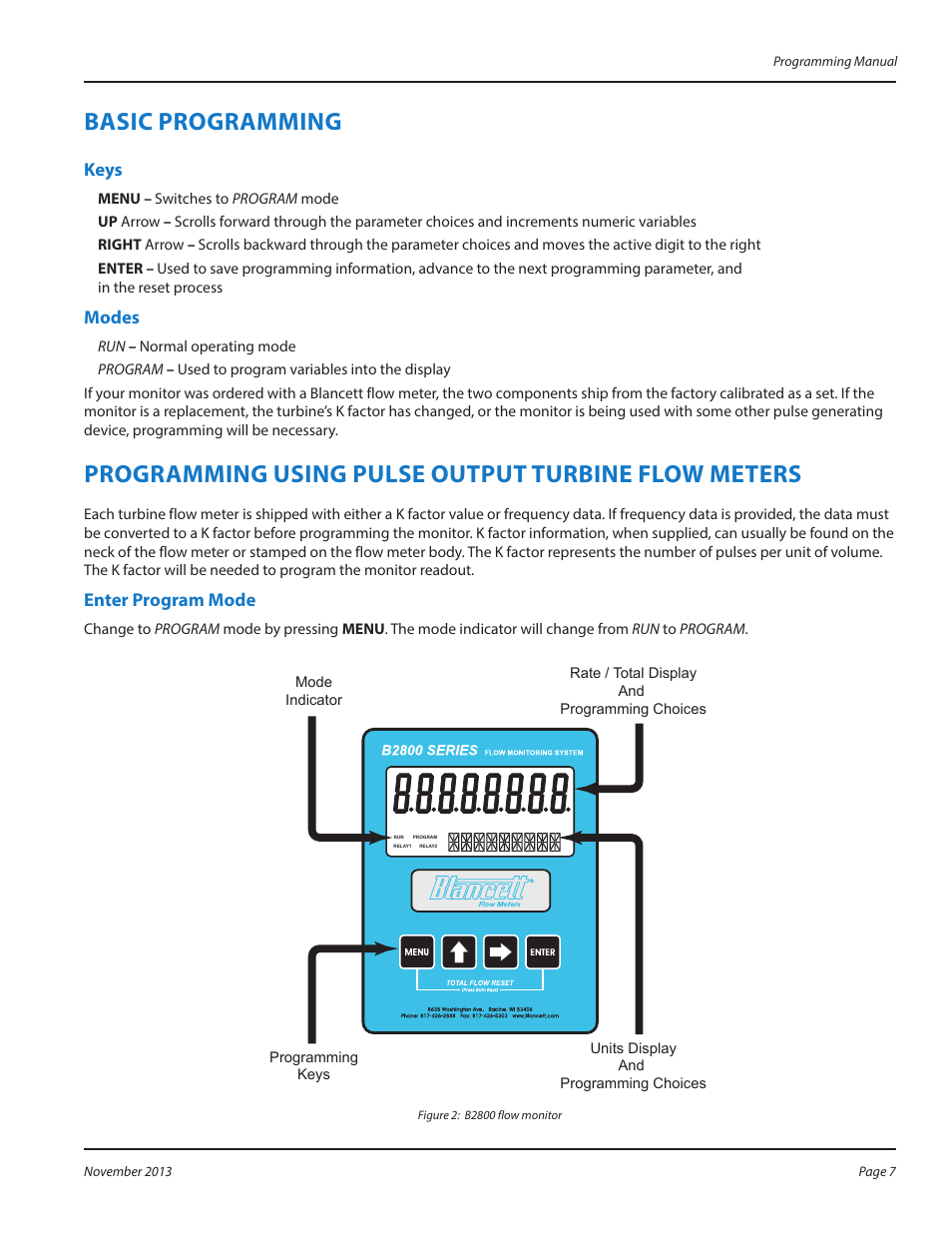 Basic programming mode, Programming using pulse output turbine flow meters, Basic programming mode 7 | Basic programming | Badger Meter B2800 User Manual | Page 7 / 16