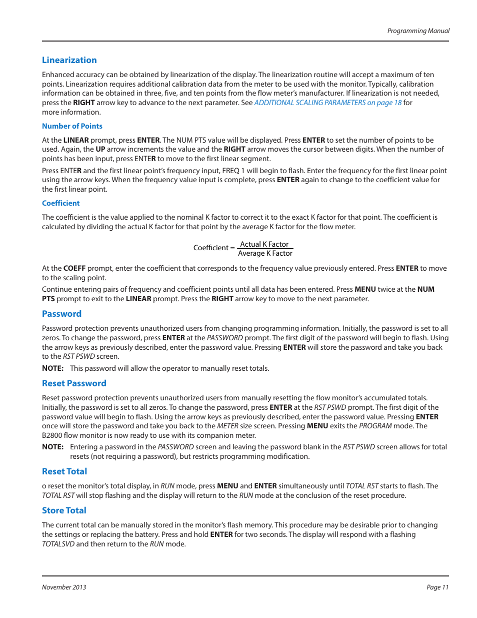 Linearization, Password, Reset password | Reset total, Store total | Badger Meter B2800 User Manual | Page 11 / 24