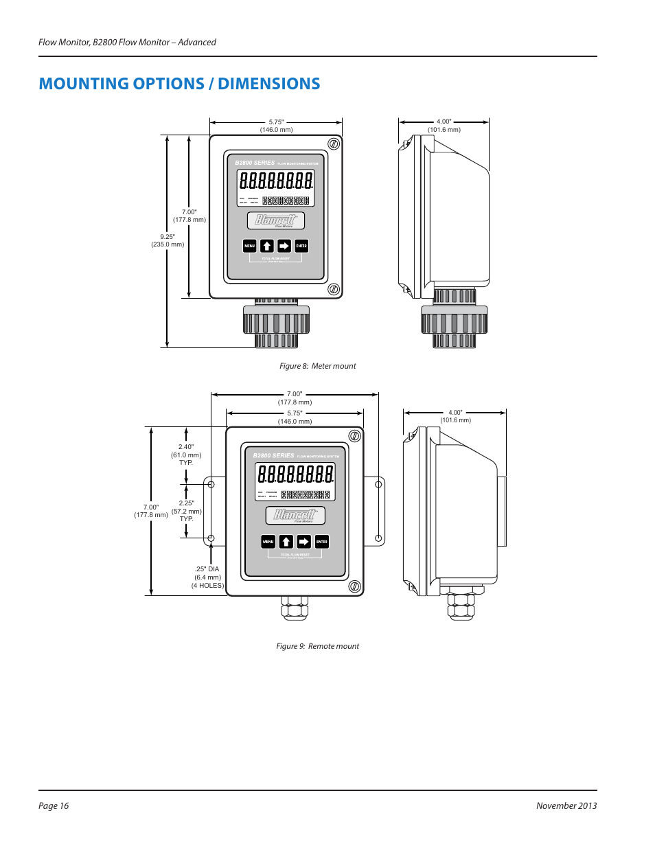 Mounting options / dimensions, Mounting options / dimensions 16 | Badger Meter B2800 User Manual | Page 16 / 24