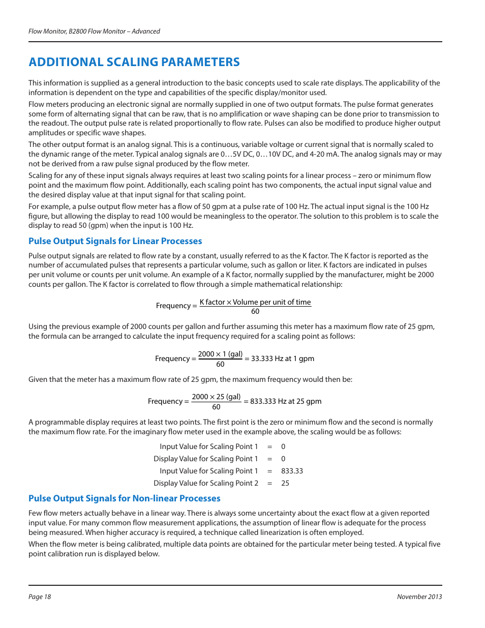 Additional scaling parameters, Pulse output signals for linear processes, Pulse output signals for non-linear processes | Additional scaling parameters 18 | Badger Meter B2800 User Manual | Page 18 / 24