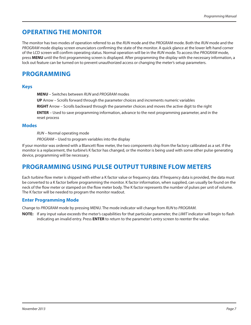 Operating the monitor, Programming, Keys | Modes, Programming using pulse output turbine flow meters, Enter programming mode, Operating the monitor 7, Programming 7, Keys 7 modes 7, Enter programming mode 7 | Badger Meter B2800 User Manual | Page 7 / 24