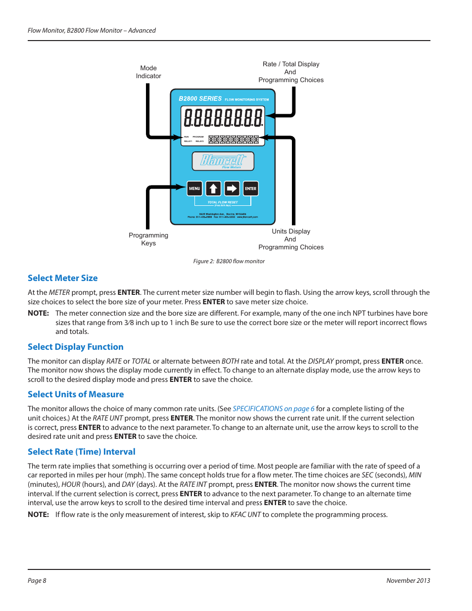 Select meter size, Select display function, Select units of measure | Select rate (time) interval | Badger Meter B2800 User Manual | Page 8 / 24