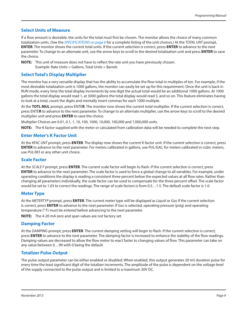 Select units of measure, Select total's display multiplier, Enter meter's k factor unit | Scale factor, Meter type, Damping factor, Totalizer pulse output | Badger Meter B2800 User Manual | Page 9 / 24