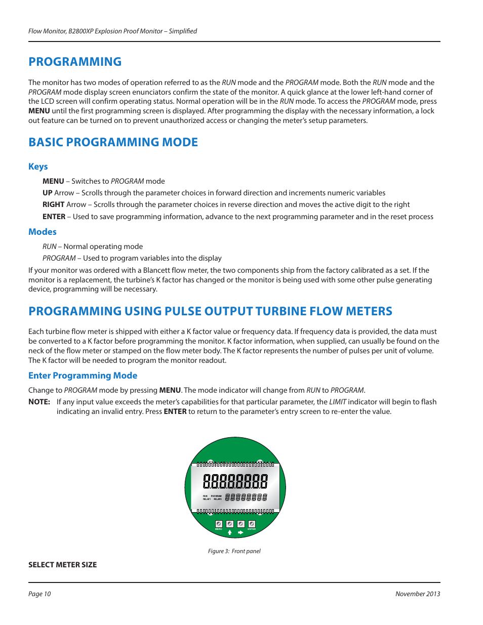 Programming, Basic programming mode, Keys | Modes, Programming using pulse output turbine flow meters, Enter programming mode, Programming 10, Basic programming mode 10, Keys 10 modes 10, Enter programming mode 10 | Badger Meter B2800 User Manual | Page 10 / 20