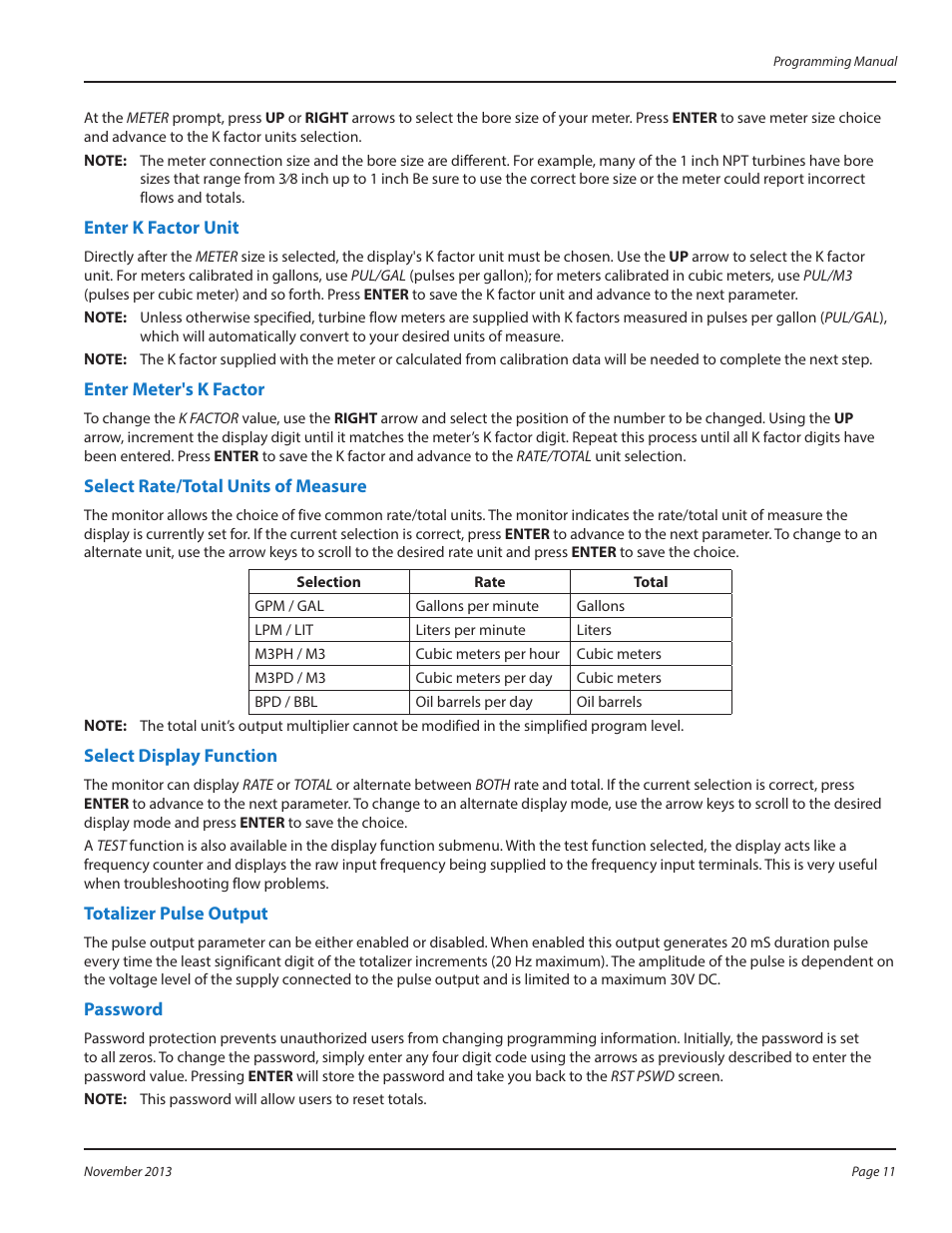 Enter k factor unit, Enter meter's k factor, Select rate/total units of measure | Select display function, Totalizer pulse output, Password | Badger Meter B2800 User Manual | Page 11 / 20