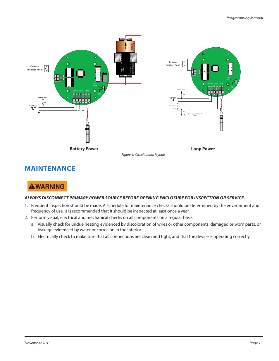 Maintenance, Maintenance 13, Battery power loop power | Figure 4: circuit board layouts | Badger Meter B2800 User Manual | Page 13 / 20