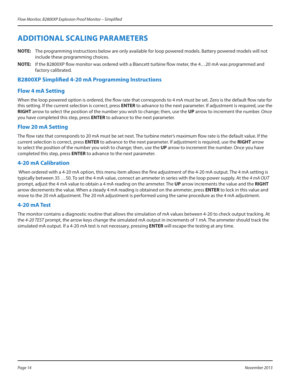 Additional scaling parameters, Flow 4 ma setting, Flow 20 ma setting | 20 ma calibration, 20 ma test, Additional scaling parameters 14 | Badger Meter B2800 User Manual | Page 14 / 20