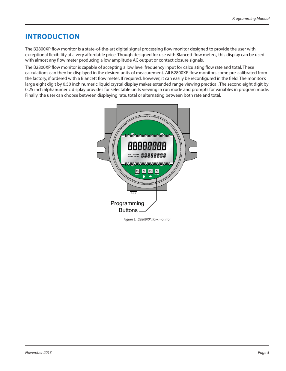 Introduction, Introduction 5, Programming buttons | Badger Meter B2800 User Manual | Page 5 / 20