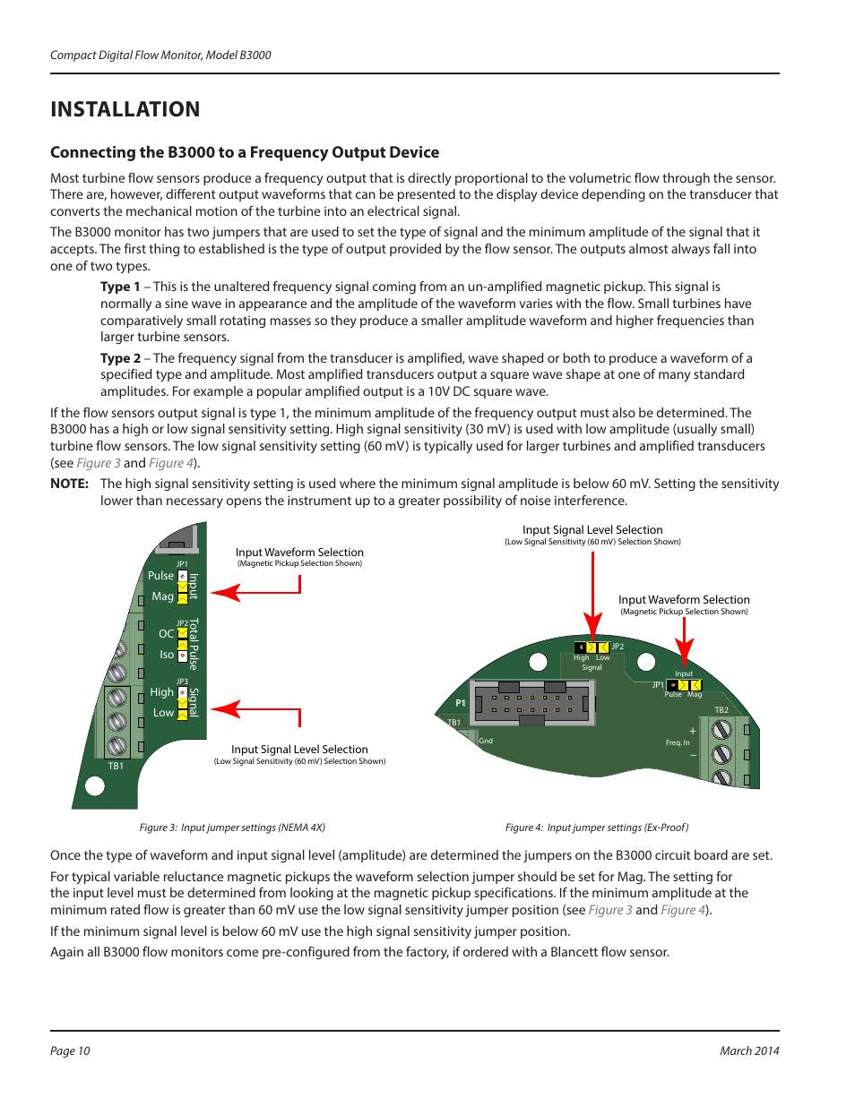 Installation, Connecting the b3000 to a frequency output device, Installation 10 | Badger Meter B3000 User Manual | Page 10 / 52