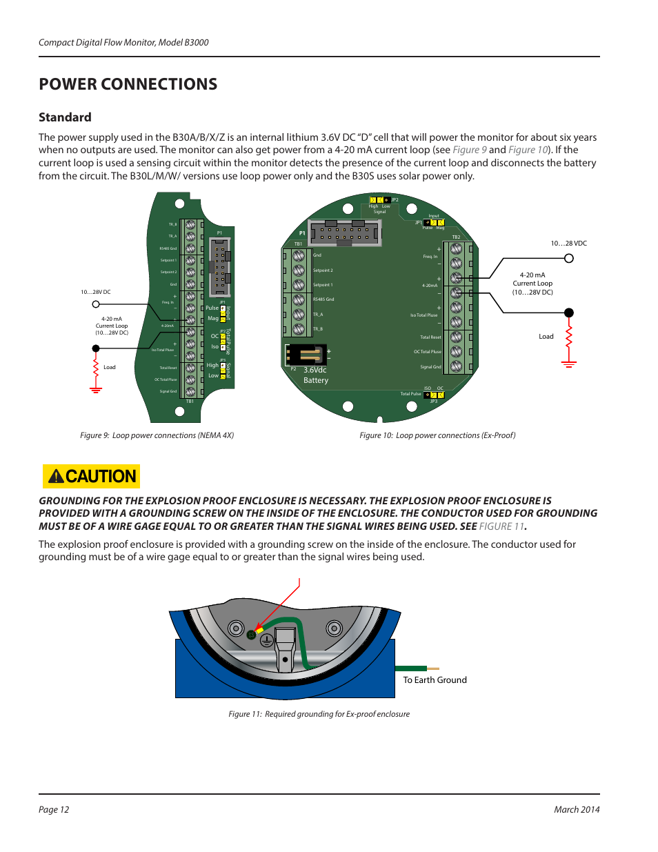 Power connections, Standard, Power connections 12 | Standard 12, Caution | Badger Meter B3000 User Manual | Page 12 / 52