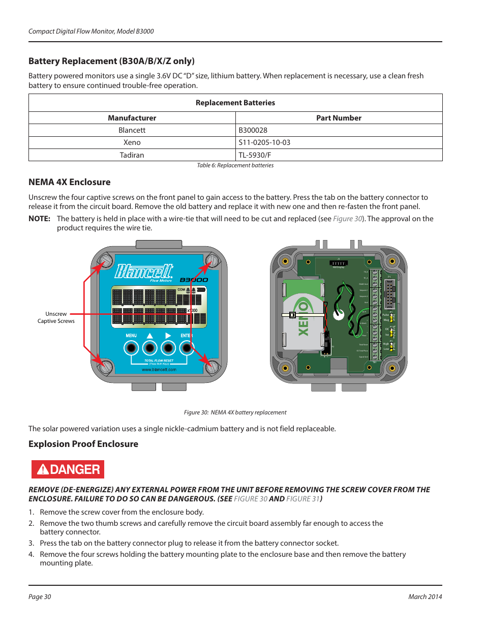 Battery replacement (b30a/b/x/z only), Nema 4x enclosure, Explosion proof enclosure | Danger | Badger Meter B3000 User Manual | Page 30 / 52
