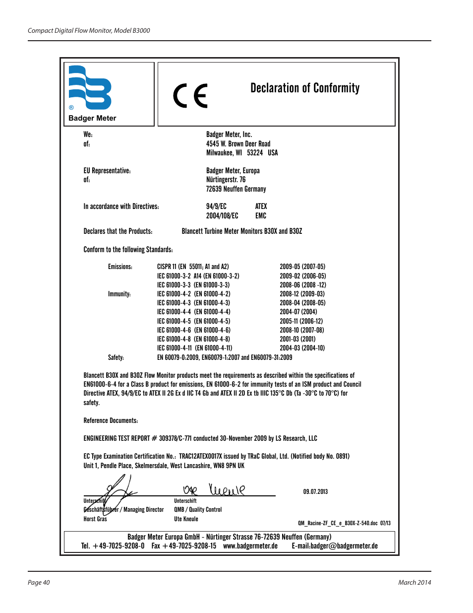 Declaration of conformity | Badger Meter B3000 User Manual | Page 40 / 52