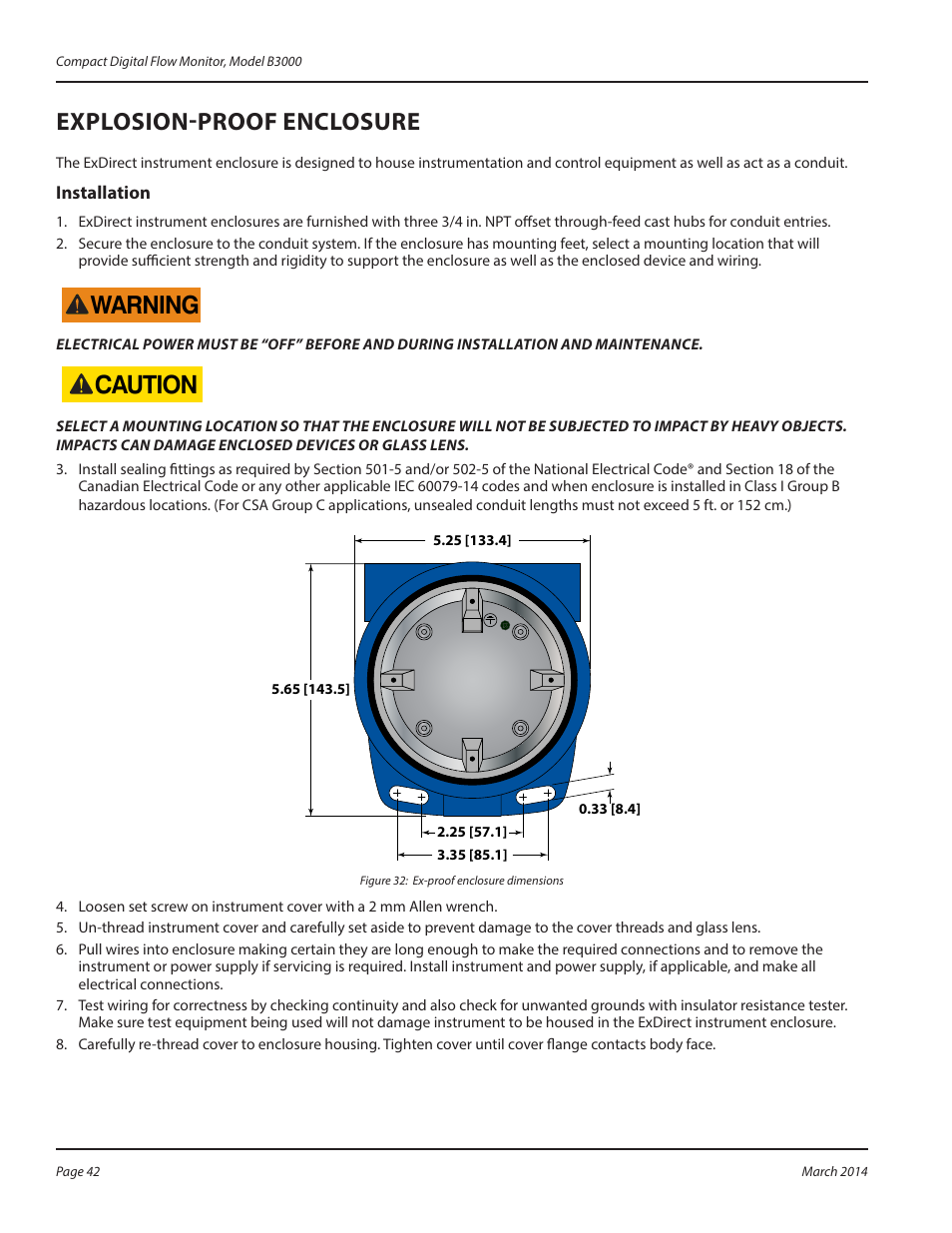 Explosion-proof enclosure, Installation, Explosion-proof enclosure 42 | Installation 42, Caution, Warning | Badger Meter B3000 User Manual | Page 42 / 52
