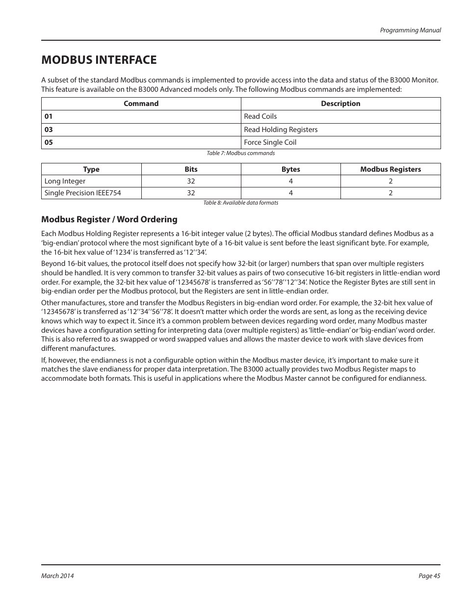 Modbus interface, Modbus register / word ordering, Modbus interface 45 | Modbus register / word ordering 45 | Badger Meter B3000 User Manual | Page 45 / 52