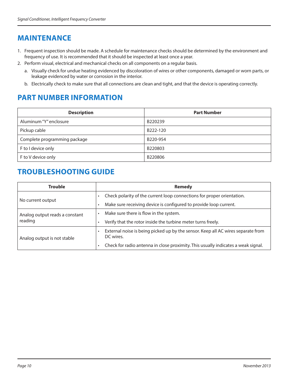 Maintenance, Part number information, Troubleshooting guide | Maintenance 10, Part number information 10, Troubleshooting guide 10 | Badger Meter Converters User Manual | Page 10 / 12