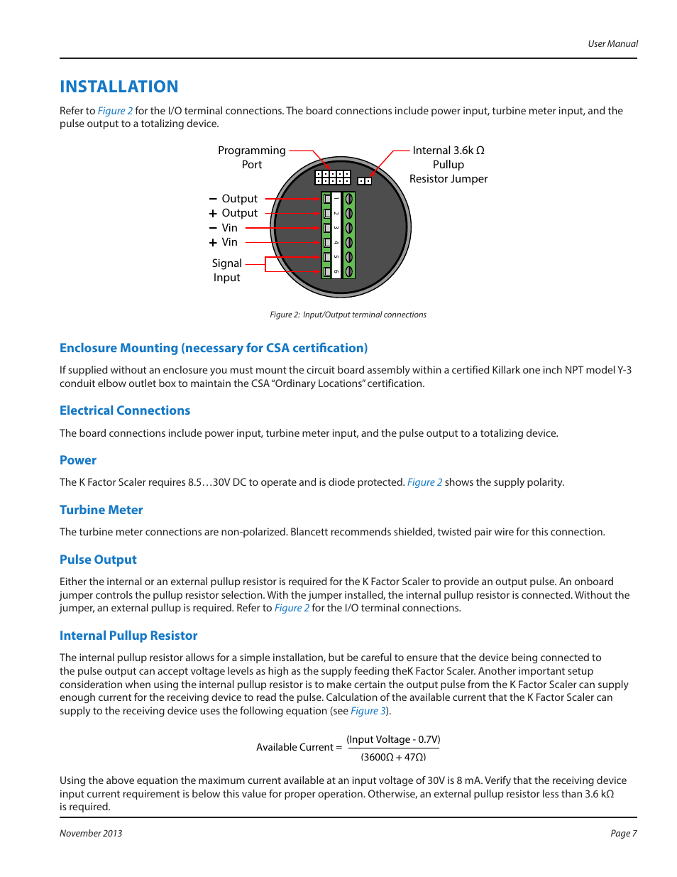 Installation, Electrical connections, Power | Turbine meter, Pulse output, Internal pullup resistor, Installation 7 | Badger Meter K-Factor Scaler User Manual | Page 7 / 16
