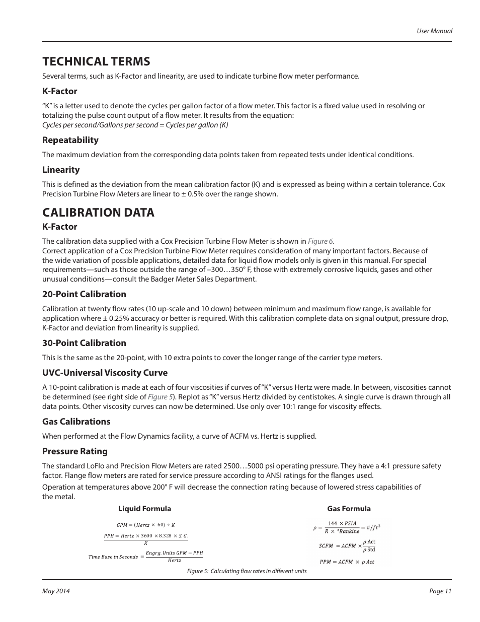 Technical terms, K-factor, Repeatability | Linearity, Calibration data, Point calibration, Uvc-universal viscosity curve, Gas calibrations, Pressure rating, K-factor repeatability linearity | Badger Meter Cox Precision Turbine Meters User Manual | Page 11 / 24