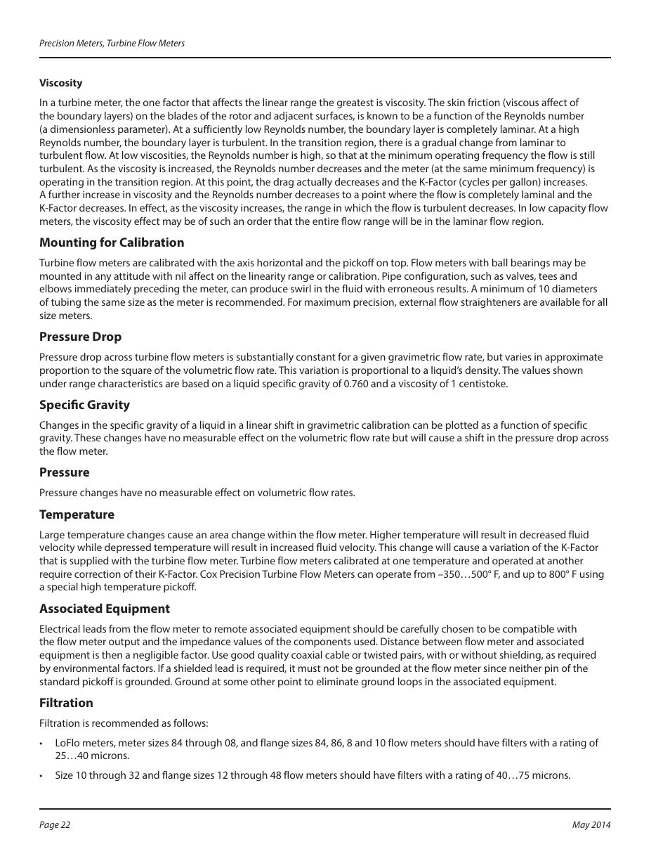 Mounting for calibration, Pressure drop, Specific gravity | Pressure, Temperature, Associated equipment, Filtration | Badger Meter Cox Precision Turbine Meters User Manual | Page 22 / 24