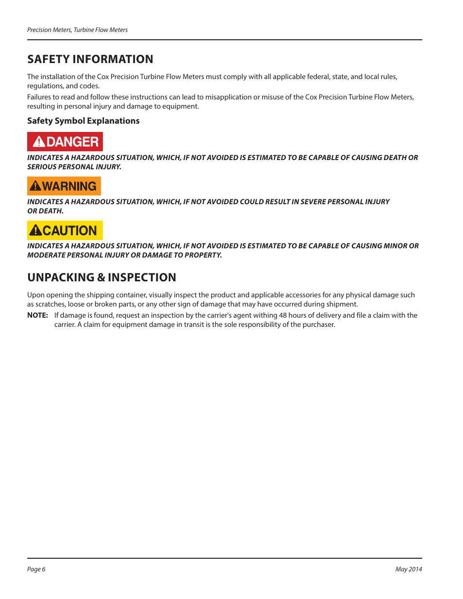 Safety information, Safety symbol explanations, Unpacking & inspection | Danger | Badger Meter Cox Precision Turbine Meters User Manual | Page 6 / 24