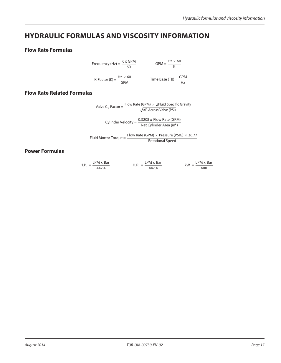 Hydraulic formulas and viscosity information, Flow rate formulas, Flow rate related formulas | Power formulas | Badger Meter Portable Hydraulic Testers User Manual | Page 17 / 20