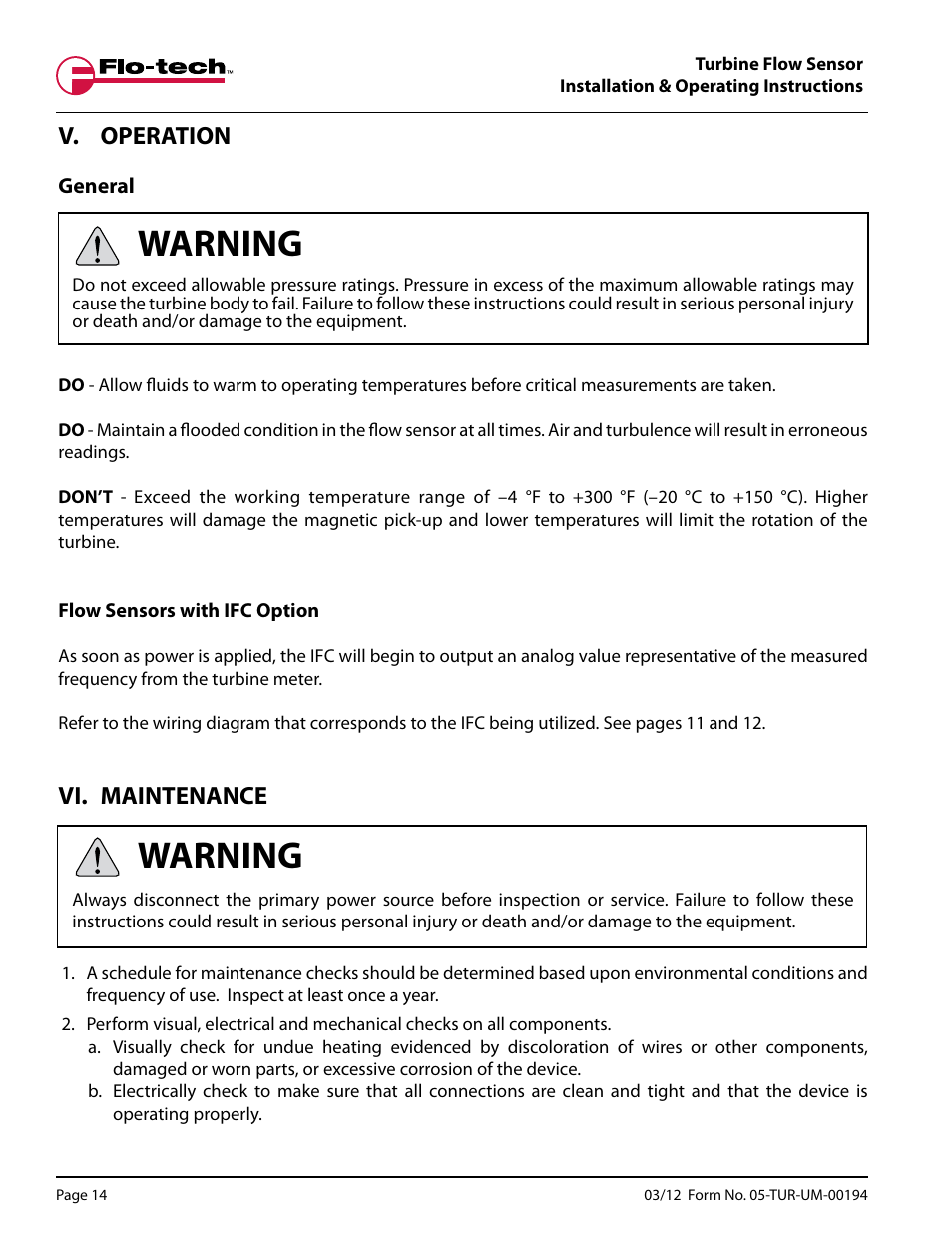 Warning, V. operation, Vi. maintenance | Badger Meter Turbine Flow Meters (Hydraulic Fluids) User Manual | Page 14 / 20