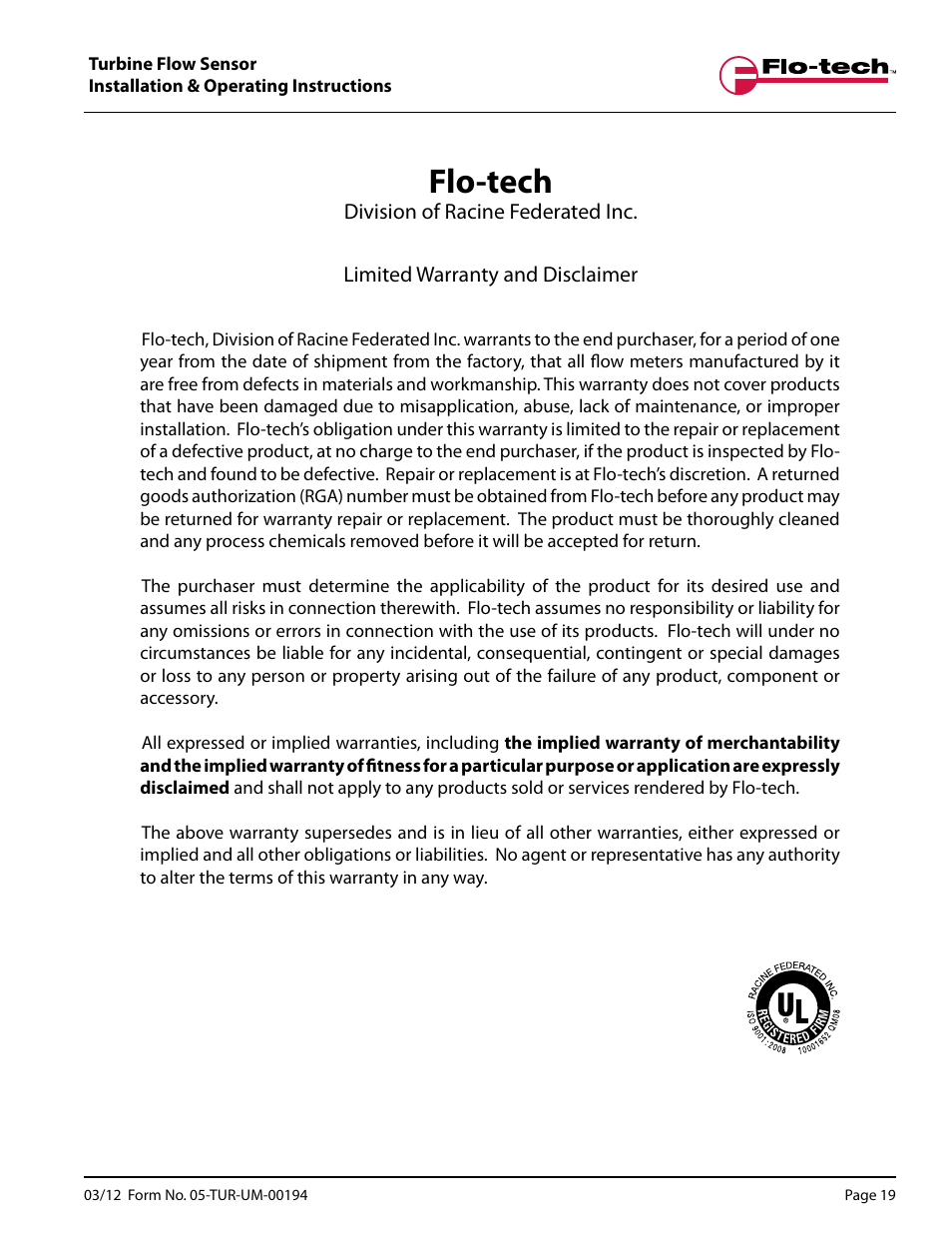 Flo-tech | Badger Meter Turbine Flow Meters (Hydraulic Fluids) User Manual | Page 19 / 20