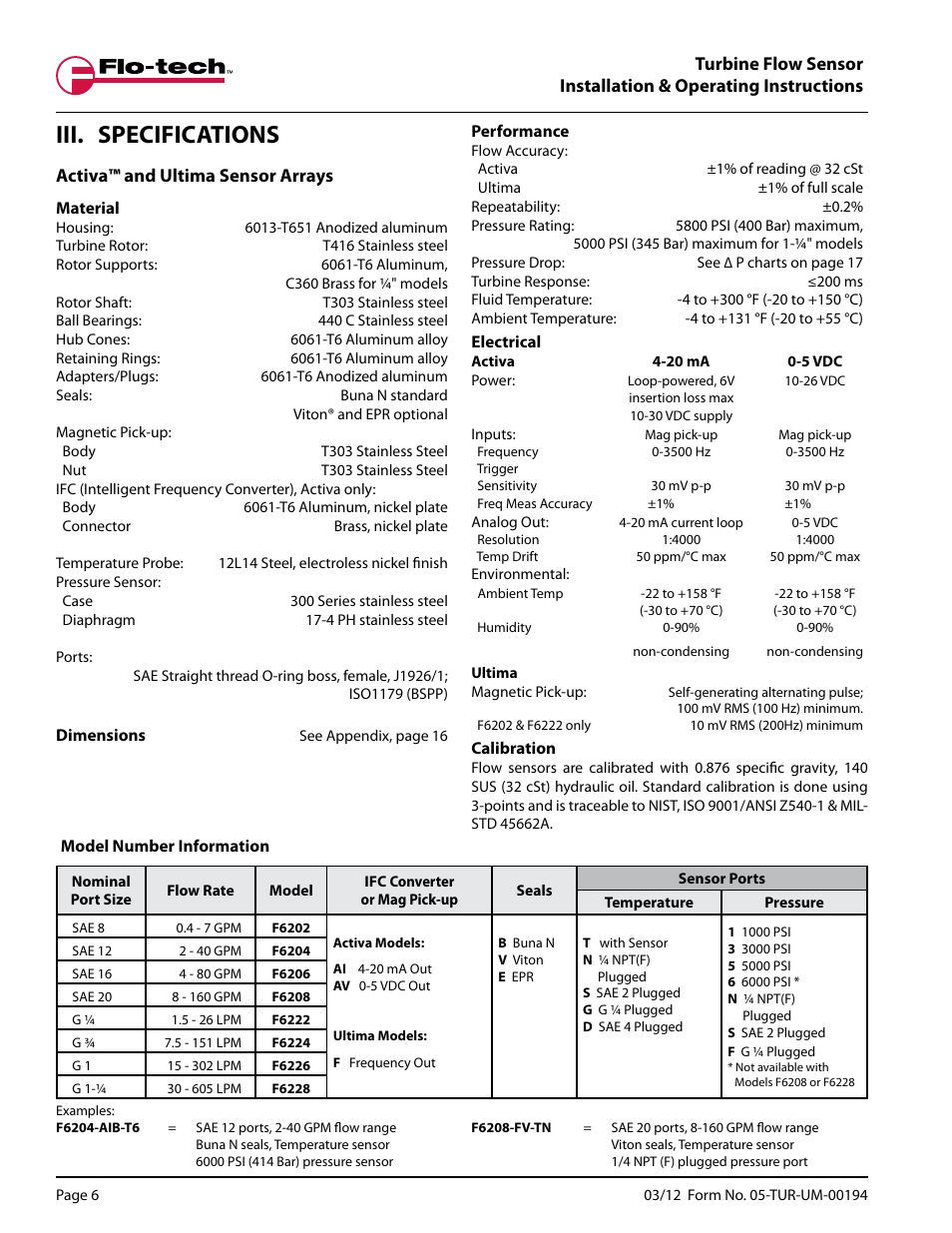 Iii. specifications | Badger Meter Turbine Flow Meters (Hydraulic Fluids) User Manual | Page 6 / 20
