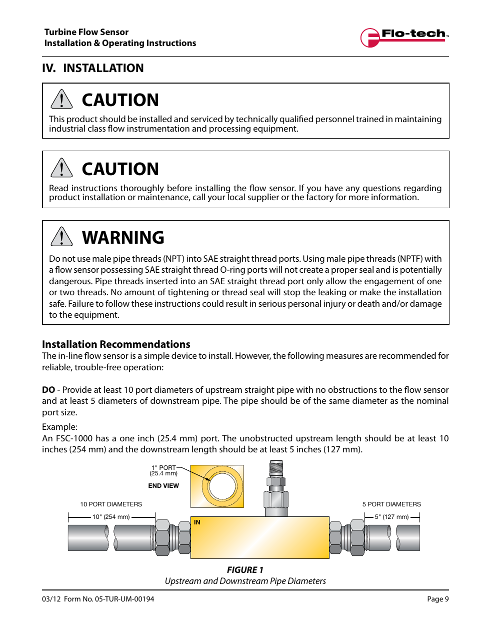 Caution, Warning, Iv. installation | Badger Meter Turbine Flow Meters (Hydraulic Fluids) User Manual | Page 9 / 20