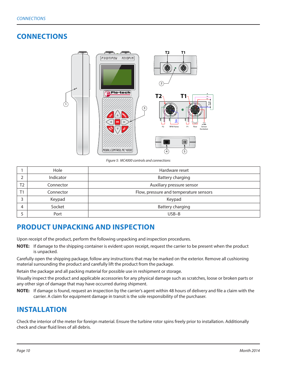 Connections, Product unpacking and inspection, Installation | Connections 10, Product unpacking and inspection 10, Installation 10, T2 t1 | Badger Meter MC4000 Diagnostic Test Equipment User Manual | Page 10 / 34