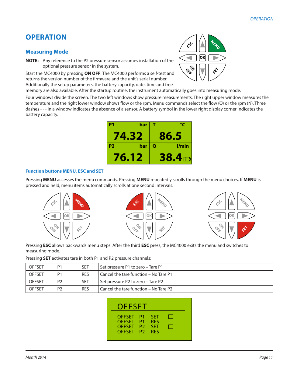 Operation, Measuring mode, Operation 11 | Measuring mode 11, Offset | Badger Meter MC4000 Diagnostic Test Equipment User Manual | Page 11 / 34