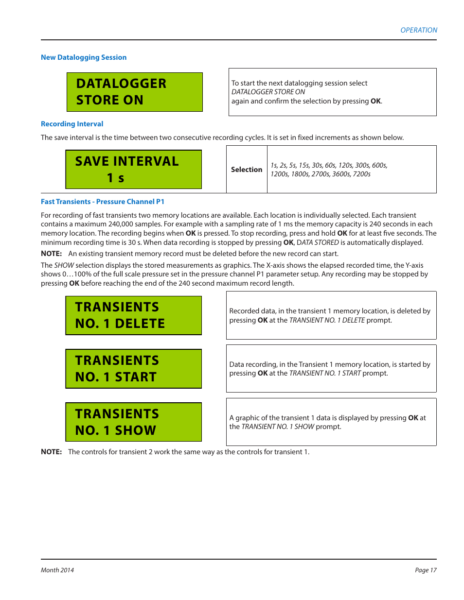 Datalogger store on, Save interval 1 s, Transients no. 1 delete | Transients no. 1 start, Transients no. 1 show | Badger Meter MC4000 Diagnostic Test Equipment User Manual | Page 17 / 34