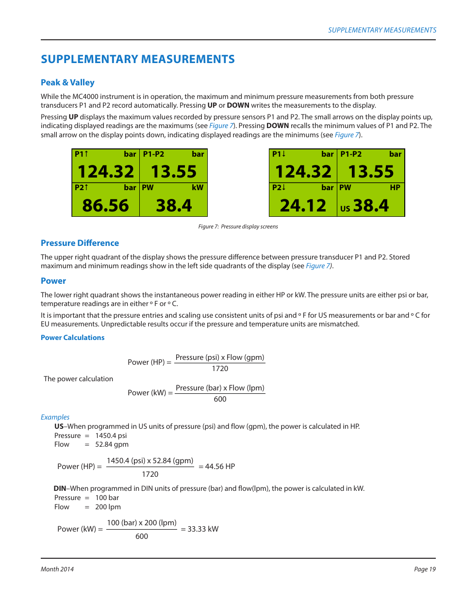 Supplementary measurements, Peak & valley, Pressure difference | Power, Supplementary measurements 19, Peak & valley 19 pressure difference 19 power 19 | Badger Meter MC4000 Diagnostic Test Equipment User Manual | Page 19 / 34
