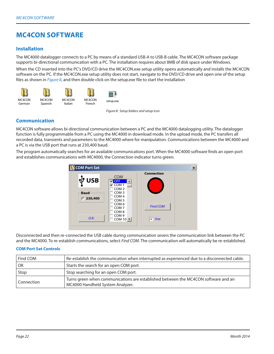 Mc4con software, Installation, Communication | Mc4con software 22, Installation 22 communication 22 | Badger Meter MC4000 Diagnostic Test Equipment User Manual | Page 22 / 34