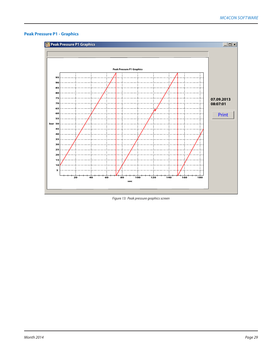 Print, Mc4con software peak pressure p1 - graphics, Peak pressure p1 graphics | Badger Meter MC4000 Diagnostic Test Equipment User Manual | Page 29 / 34
