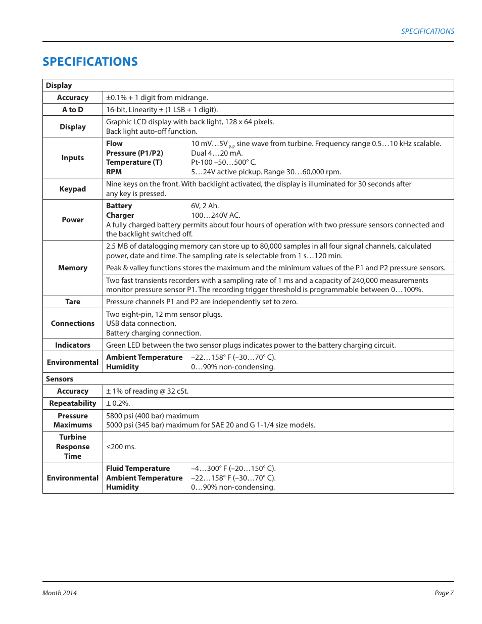Specifications, Specifications 7 | Badger Meter MC4000 Diagnostic Test Equipment User Manual | Page 7 / 34