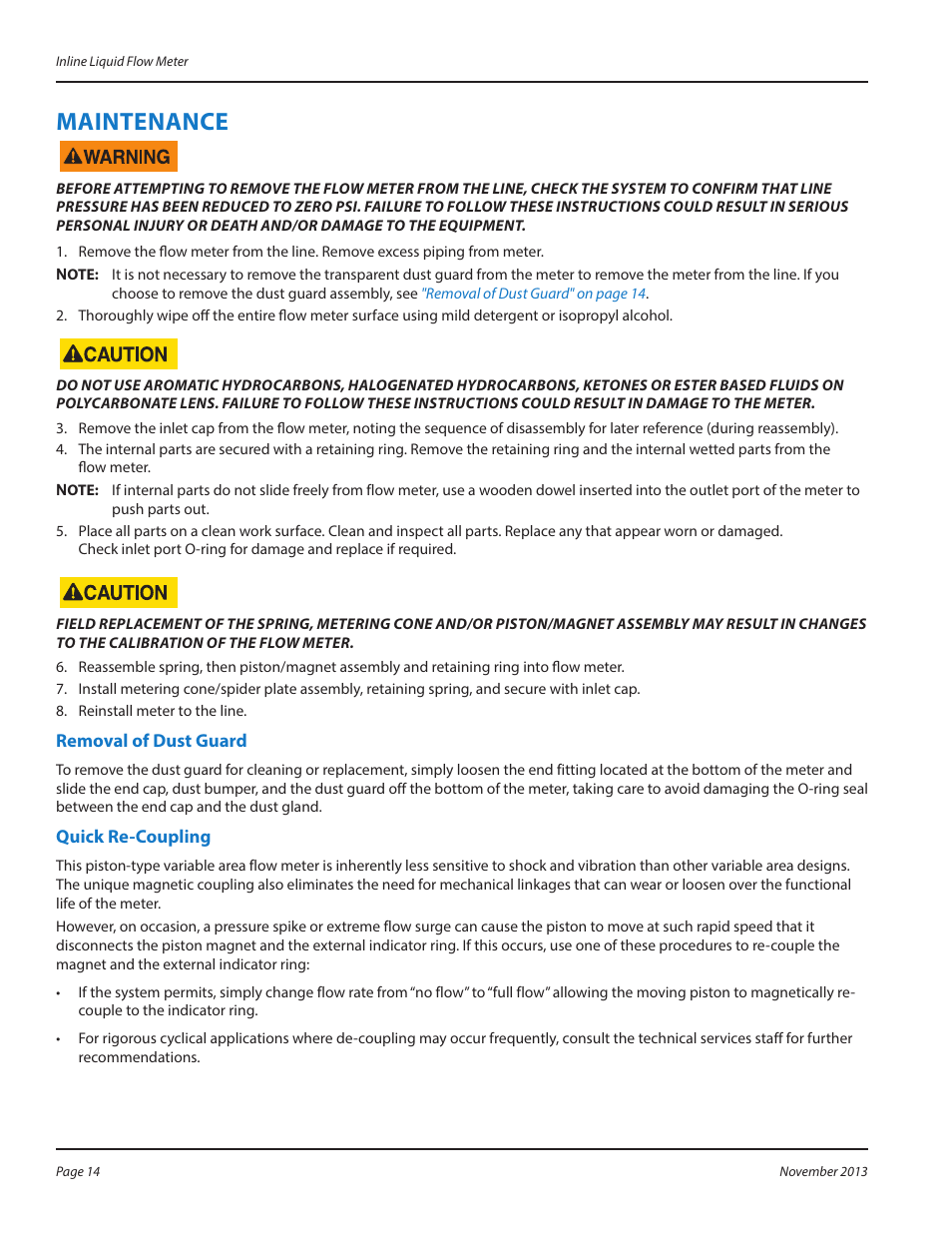 Maintenance, Removal of dust guard, Quick re-coupling | Removal of dust guard quick re-coupling | Badger Meter High Temperature Fluid Meter User Manual | Page 14 / 24