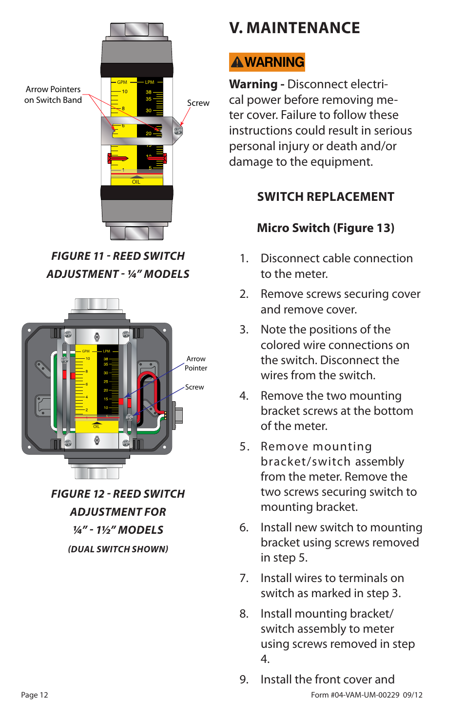 V. maintenance, Warning | Badger Meter Flow-Alert Reed Switch User Manual | Page 12 / 28